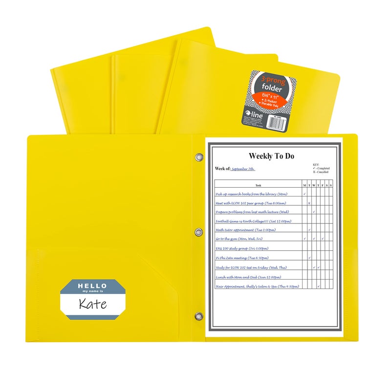 C-Line Two-Pocket Heavyweight Poly Portfolio with Prongs, For Letter Size Papers, Includes Business Card Slot, 1 Case of 25 Portfolios, Yellow (33966-25) - Image 1